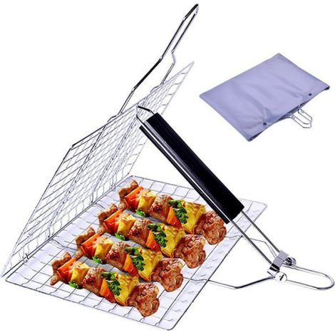 Panier Barbecue - Acier Inoxydable - Pliable Portable - Poignée Amovible Bois - Pour Barbecue Gaz Charbon Fumoir - 33 x 20,3 cm - 1 Pièce (1/4)