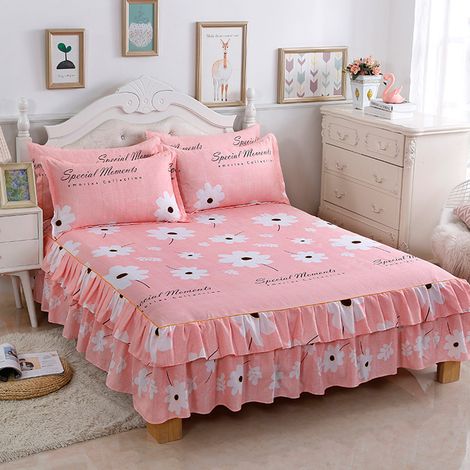 Parure de lit 3 pièces, jupe de lit plissée, drap de lit, taies d'oreiller, respirante (lit de 1,5 m) (1/4)