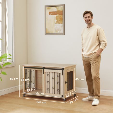 Cage pour chien sur roulettes, porte coulissante, 100 x 56 x 65 cm, bois, acier (1/5)