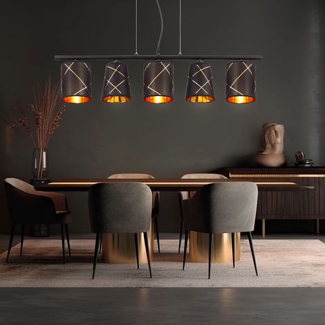 Globo – Lustre suspendu noir et doré 5 flammes – Abat-jour en métal et acrylique – Dimensions LxH 90x140 cm – Prise 5x E14 (1/5)