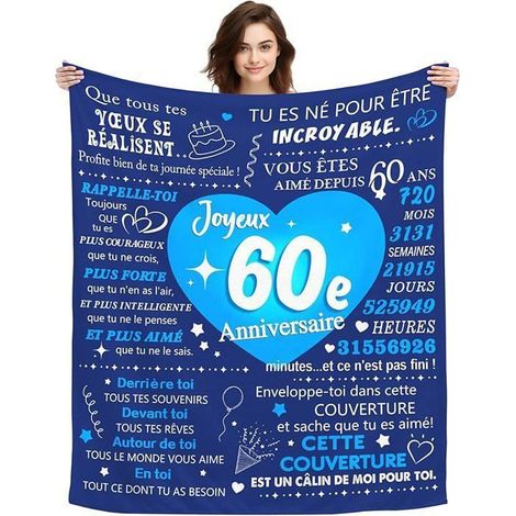 1 pièce Couverture anniversaire 60 ans, flanelle douce 130x150 cm, cadeau personnalisé pour papa oncle grand-père, usage intérieur et extérieur