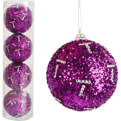 Set di 4 palline di polistirolo viola con paillettes da 6 cm - Decorazione natalizia (1/3)