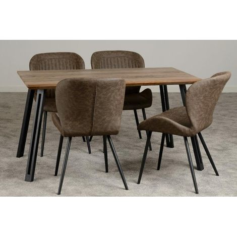 Quebec Straight Edge Dining Set - Medium Oak Effect/Black/Brown Faux Leather (1/5)