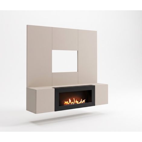 Ensemble meuble TV mural Fly B-K avec cheminée bioéthanol - Bois MDF cachemire - 160 x 158 x 40 cm - Livraison gratuite (1/2)