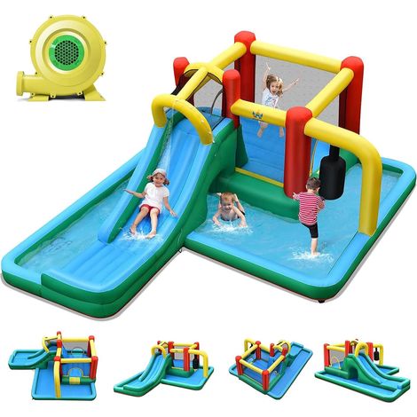 COSTWAY 6 en 1 Castillo Hinchable para Niños, Castillo Inflable Infantil con Tobogán Acuático, Seco y Agua, 470 x 370 x 190 cm, para Niños 3-10 Años, Interior y Exterior (con Soplador de 680 W) (1/5)