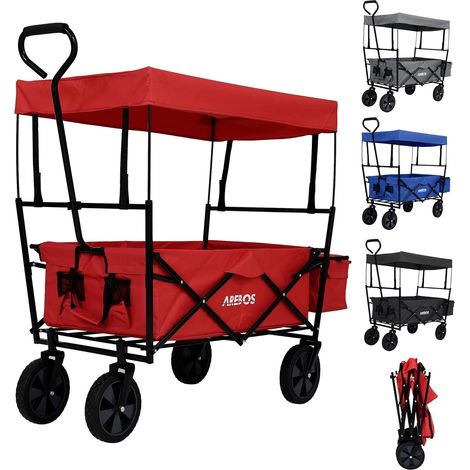 Arebos – Chariot pliable avec toit amovible – Capacité de charge 70 kg – Poche XXL et 2 poches filet – Roues avant pivotantes 360° – Tissu Oxford 600D rouge