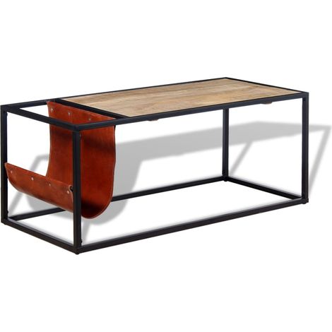 Mesa de centro de salón de diseño moderno con revistero 110 x 50 x 45 cm cuero genuino marrón y acero DEC037721