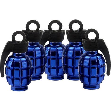Lot de 5 bouchons de valve de pneu en forme de grenade, en alliage d'aluminium, pour voiture et moto, protection anti-poussière, bleus (1/4)