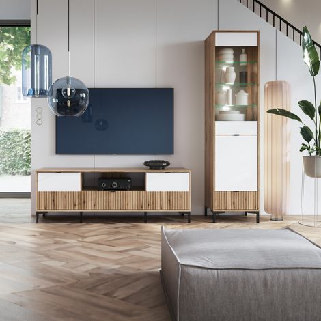 Wohnwand Eiche mit weiß und Rillen Design modern Lamellenoptik RISBY-129 2-teilig mit Couchtisch (1/5)