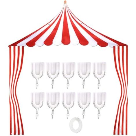 Décor de chapiteau de cirque, bannière rayée rouge et blanc pour fête carnaval, fond de tente avec 10 crochets, décoration d’auvent pour thème fête et Halloween. (1/5)