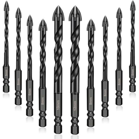10Pcs forets à maçonnerie en carbure de tungstène, Forets Pour Carrelage Verre pour porcelaine, carrelage, béton, mur de brique, verre, miroirs, plastique, et bois - 5/5/6/6/6/6/8/8/10/12mm (1/5)