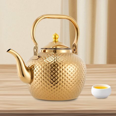 Teiera in acciaio inox con filtro resistente al calore, rimovibile, in acciaio inox, filtro dorato, teapot, per fornelli a induzione, tutti i piani cottura, 2 l