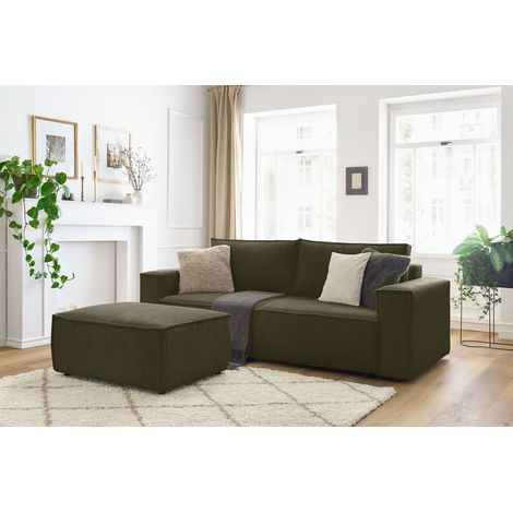 BOBOCHIC - Canapé droit convertible coffre NIHAD velours côtelé avec pouf Vert clair (1/5)