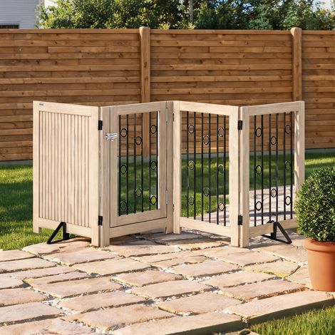 Barrière autoportante 4 panneaux avec porte bois et acier chêne (1/5)