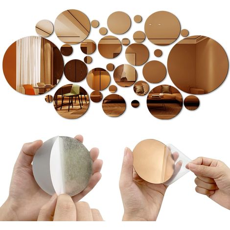 32 PièCes Miroirs Ronds Autocollants, Miroir Stickers Muraux, Rond Miroir Mural 3d DéCoratif Amovible DéCor Art Cercle Auto AdhéSif Diy Miroir Autocollant Mural 2.2/2.5/3.5/5.5/8/15cm (Champagne Doré) (1/5)