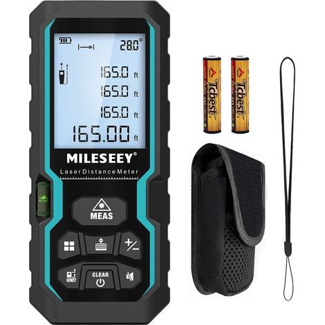 Télémètre Laser Numérique, 50m/165ft Mesure Laser avec Niveau Électronique & Rétroéclairage LCD, IP54 m/in/ft/ft+in Mesure du Pythagore Distance Surface Volume