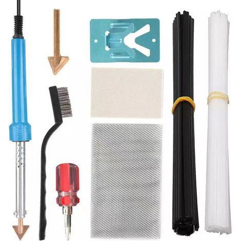 Kit soudage plastique 80W avec support Baguettes, treillis inox, papier verre, tournevis Réparation fissures pare-chocs auto, kayak Soudeur portable pour plastique (1/5)