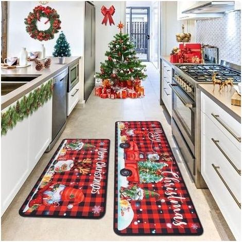 Set of 2 mat of kitchen of Christmas, pattern « Joyeux Christmas » – Pattern terriers red and black – Decoration of Christmas in shape of truck gnome for floor, bathroom, living room, input 43,2 x 76, (1/5)
