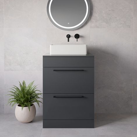 Napoli 460 Gloss Grey 600mm 2 Drawer Vanity Unit for Countertop Basins - 600mm - Matt Black 320mm Handle