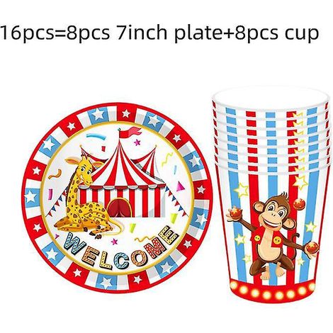 16-teiliges Set für eine Geburtstagsfeier mit Zirkus- und Jahrmarktsmotto: Teller, Becher, Servietten, Tischdecke, Luftballons und Girlande. Dekorationen für eine Tierparty. (1/4)