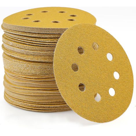Lot de 100 disques de 5 pouces en papier abrasif auto-agrippant grain 120 pour ponceuse orbitale à métaux, bois et aléatoire (1/4)