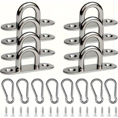Set of 8 stainless steel U-hooks + carabiner, with screw, suitable for indoor/outdoor use. (1/5)