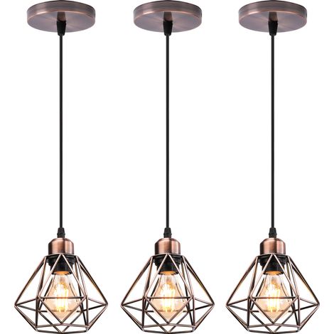 Industrielle Pendelleuchten, 3x Kupferrot Hängelampe aus Metall E27 Vintage Hängeleuchte im Diamant Käfig für Küche Wohnzimmer Esszimmer Cafét