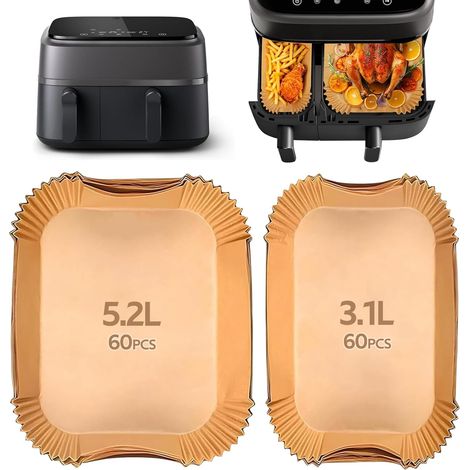 120 Pièces Papier Cuisson Air Fryer pour Moulinex EZ901820/Philips Airfryer Dual Basket 3000/5000,Food-Grade BPA Gratuit,Jetable Antiadhésive Sans Huile Papier Sulfurisé Air Fryer pour 3L-6L/3.1L-5.2L (1/4)