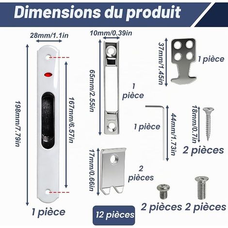 Sliding Door Lock, Single-Sided Stainless Steel and Zinc Alloy, Aluminium Glass Sliding Door Lock with Mounting Accessories, White (1/2)