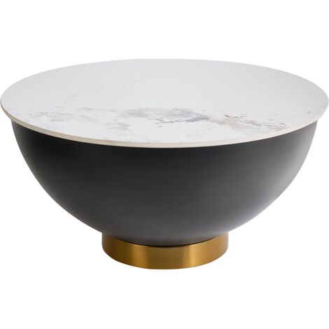 Table Basse Moderne Glam Plateau en Pierre Frangée ø 74 cm Base en Métal Noir Accent Doré avec Rangement Noire Nadine (1/5)