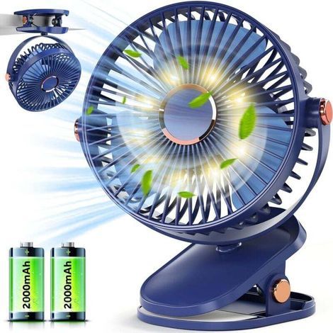 Ventilateur Usb - Petit Ventilateur de Table avec LED, 4000mAh Rechargeable Ventilateur Pince, Electrique Ventilateur Bureau Silencieux, 15h+ Batterie Desk Fan, Portable Ventilateur a Pile-Crezuo