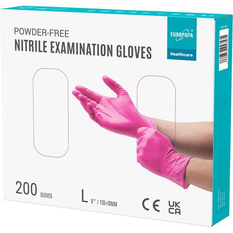 Lot de 200 gants jetables en nitrile sans poudre EN455 EN374 - Sans latex - Tailles S, M, L et XL disponibles (L, Rose) (1/5)