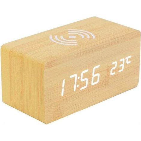 Thermomètre Numérique Réveil Réveil Numérique Bois Réveil À Bois LED Digital avec Chargeur sans Fil, Réveil en Bois avec Chargeur À Induction Chargeur sans Fil pour Chambre/Bureau (1/5)