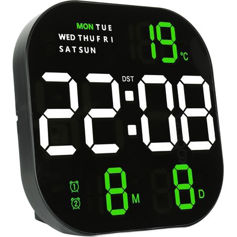 Große digitale LED-Uhr mit USB-Anschluss (5 V), Multifunktionsfernbedienung, Temperatur- und Monatsanzeige, elektronischer Hintergrundbeleuchtung für Büro und Wohnzimmer, zweifarbiges grünes Licht (1/5)