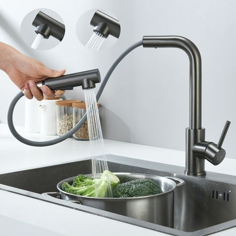 CECIPA Mitigeur Cuisine avec Douchette Extractible Robinet Cuisine avec 2 Types de Jets Mitigeur Évier en Acier Inoxydable, Rotatif 360°, Gris Noir (1/4)