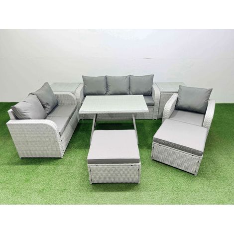 Fimous Rattan High Back Lounge Sofa Set Patio Dining Table & Chairs Set with 3 Seater Sofa Reclining Chair 2 Side Tables 2 Big Stool Light Grey (1/4)