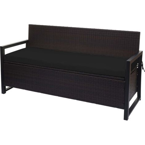 Panca panca con vano portaoggetti a 3 posti in polyrattan marrone, cuscino nero 040005807