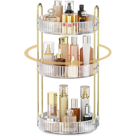 Kosmetik-Organizer, 360° drehbar, 3 Ebenen, multifunktionales Aufbewahrungssystem für Schminktisch, Badezimmer, Schlafzimmer, transparent (1/5)