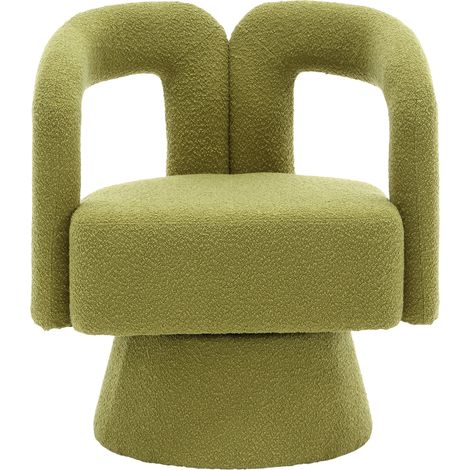 Fauteuil pivotant 360° en tissu bouclette vert olive, assise large et structure métal-bois, pour salon, chambre ou bureau - CHICFURN (1/5)