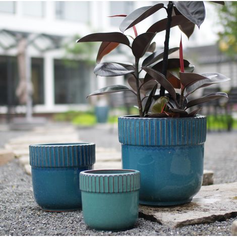 Pot de fleur en céramique Ø 23 cm, émaillé bleu-vert, avec trous de drainage, artisanal OKMYHOME (1/5)