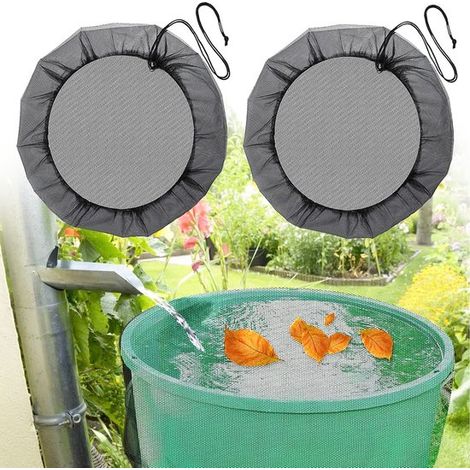 Lot de 2 filets de récupération d’eau de pluie Ø 95 cm, couvercles universels pour réservoir, avec cordon de serrage, protection contre feuilles, moustiques et moisissures, noir (1/5)