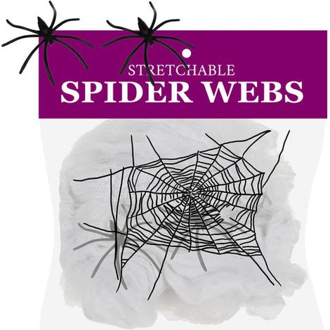 Halloween-Spinnennetz mit 2 Spinnen, dehnbar, weiß