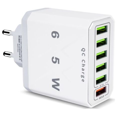 Chargeur USB 65W 6 ports QC 3.0 – Charge rapide pour iPhone 15/14/13/12/11/SE/XR, iPad, Samsung – Système de protection intégré