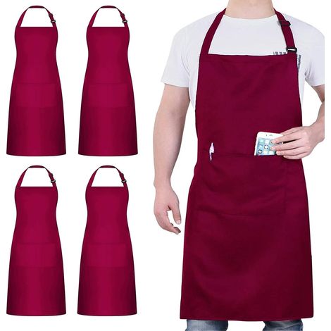 4 Pack Chef Tabliers, Tablier avec 2 Poches, Etanche Réglable Tablier pour Homme Femme,Tabliers Cuisine Professionnel pour Cuisine, Jardinage, Restaurant, Barbecue, Café (Vin) (1/5)
