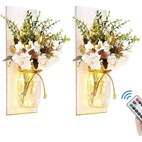 Appliques murales rustiques grises en bocaux Mason pour la décoration intérieure, bocaux Mason décoratifs et chics avec bande LED, hortensias en soie, crochets en fer pour la décoration de la maison e (1/5)