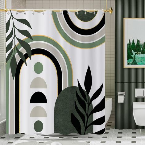 Rideau de Douche, 165x180cm, Vert Blanc Jaune Art Moderne Abstrait du Milieu du Siècle Boho Géométrique Imperméable Rideau de Salle de Bain Lavable en Machine avec Crochets (1/5)