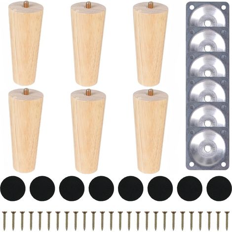 6 Pièces Pied de Meuble Bois Massif 10cm Pieds de Lit avec Plaque de Montage Vis Patins en Feutre Ronde Pieds pour Canapé Armoire Lit Meuble TV Commode Fauteuil (1/5)