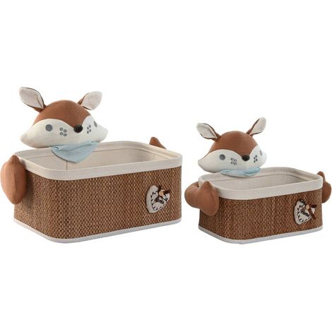 Panier de rangement en fibre tressée motif renard pour chambre enfant - Marron renard naturel et blanc doux (1/4)