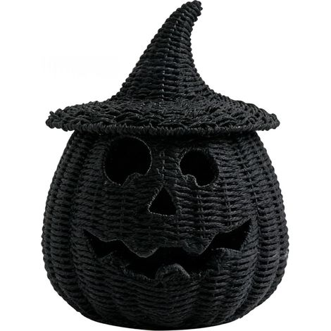 Cesta de almacenamiento de calabaza tejida a mano con junco marino negro y tapa extraíble en forma de sombrero de bruja: plato de dulces espeluznante para Halloween, centro de mesa de calabaza, decora