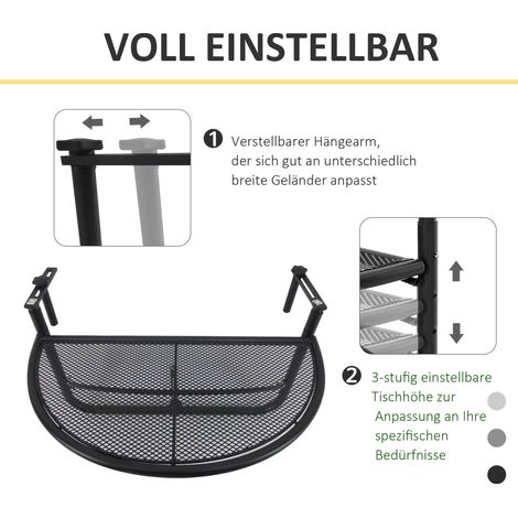 Table suspendue de balcon Outsunny, table extérieure pliante, forme demi-lune, réglable en hauteur, Ø 30 cm, acier blanc, L 60 x l 47 x H 50 cm (1/4)